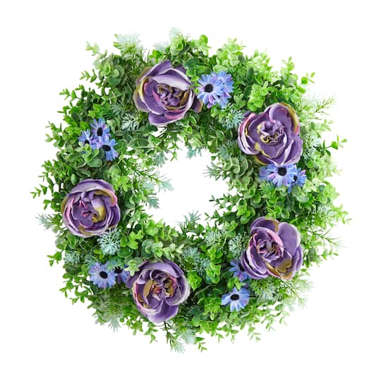 22&#x22; Purple Rose, Blue Daisy &#x26; Greens Wreath